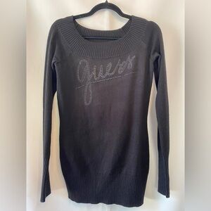 Guess Black Slim Fit Rhinestone Embellished Wide Boat Neck Thin Knit Sweater LG